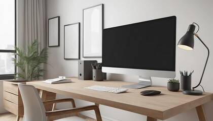 Clean minimal design of a modern office workspace with computer monitor and keyboard and a lamp on a wooden desk. 
