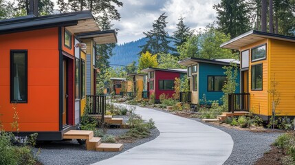 A tiny home village with multiple small houses, each designed uniquely, promoting a sustainable and community-driven lifestyle.