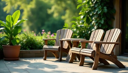 Elegant weathered wood patio set, leafy potted plant, home decor, details, aged wood