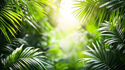 Obraz premium Lush Green Tropical Leaves Sunlight Background