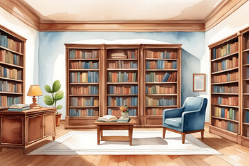 Watercolor Library Interior with Bookshelves Armchair and Warm Cozy Atmosphere