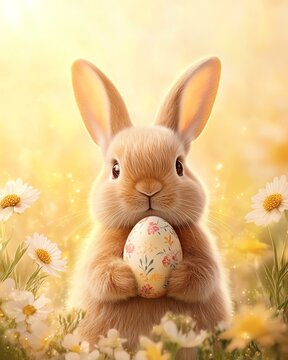 A cute rabbit holds a decorated egg amidst a field of vibrant flowers, symbolizing spring and renewal.