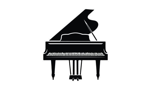 Black silhouette of a grand piano isolated on a white background, Black Silhouette, Grand Piano, White Background, Isolated, Musical Instrument, Classical, Elegant, Vector Illustration, Monochrome.