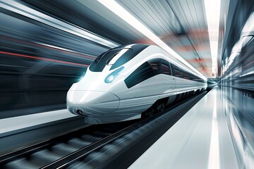 Obraz premium Modern High-Speed Train in Motion at Urban Station Interior