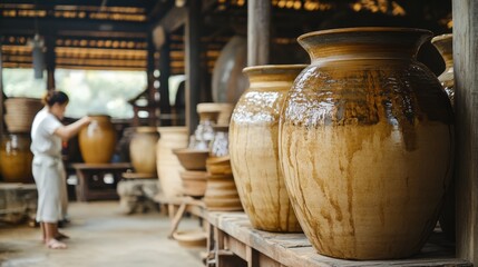 Chinese fermentation process for brewing rice wine, where sticky rice is fermented in large ceramic jars