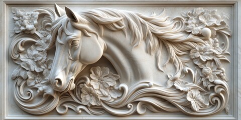 A sculpted relief of a horse's head adorned with flowing mane and floral elements, showcasing intricate craftsmanship.
