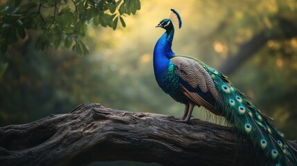 Obraz premium Majestic peacock perched on a tree branch in a lush forest. (2)