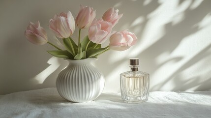 Pink tulips in a white vase beside perfume