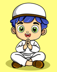 Muslim kid boy make a greeting with smiling face 