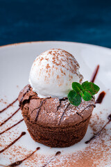 hot chocolate dessert fondant with ice cream, hot chocolate pudding with vanilla ice cream ball