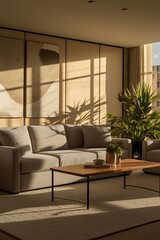 Fototapeta premium The interior design of modern living areas along with a light gray sofa, pillows, armchair, and coffee table.