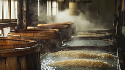 Japanese sake brewing process, with rice being washed, steamed, and fermented in large wooden tanks.
