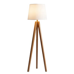 Modern Floor Lamp with Wooden Tripod Stand and White Shade, transparent background