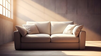 Fototapeta premium Minimal style loft living room interior focus on the sofa 3d render,There are concrete room large window nature light into the room