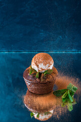 hot chocolate dessert fondant with ice cream, hot chocolate pudding with vanilla ice cream ball