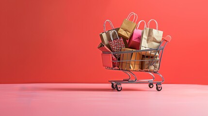 A shopping cart filled with shopping bags on a red background.