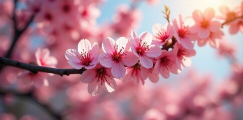 Naklejka premium Pink blossoms burst forth on a spring tree, sunlight dappling leaves , branch, outdoor