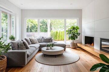 Naklejka premium Modern living room with large windows, sectional sofa, fireplace, and plants.