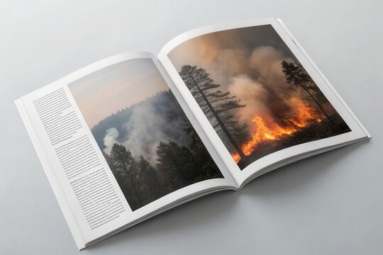 Dramatic forest fire captured in an open magazine with smoke and flames.