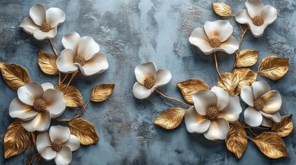 Obraz premium Elegant floral design featuring white and gold blooms on a textured blue background, creating a sophisticated and luxurious visual appeal.