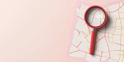 conceptual illustration of magnifying glass over map, highlighting details and emphasizing exploration. design features red magnifying glass on light background