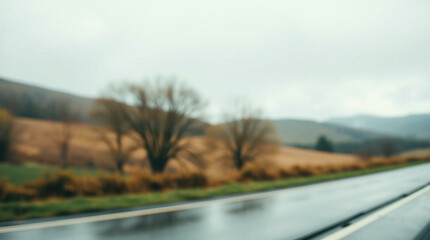 Fototapeta premium Blurred background of a wet road, trees, and hills, creating a moody and atmospheric scene.