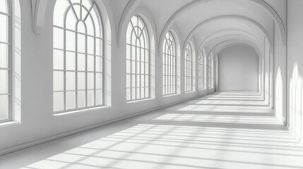 Bright and airy cathedral interior highlighting elegant arched windows and soft shadows in a minimalist space