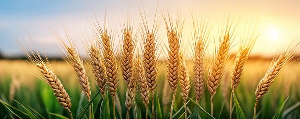 Golden wheat stalks sway gently in field at sunset, creating serene and peaceful atmosphere. warm light enhances beauty of landscape, inviting tranquility