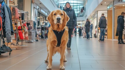 dog accompanying a handler with anxiety, calmly guiding them through a busy shopping mall, keeping them grounded and providing emotional relief in overwhelming situations.