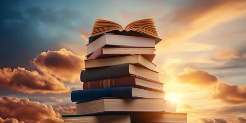 stack of colorful books against dramatic sunset sky, symbolizing knowledge and imagination. open book on top adds sense of wonder and curiosity
