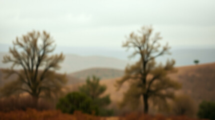 Obraz premium Blurred background of bare trees and golden hills under a cloudy sky, creating a serene and natural scene.