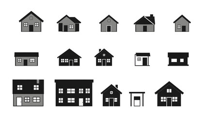 different houses, different shapes, a property outline icons set on a surface