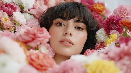 A woman’s face surrounded by a bouquet of pastel flowers, capturing elegance and beauty with a gentle smile amidst the blooms.