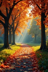 Sun-dappled park, vibrant fall foliage abounds , view, orange, ground