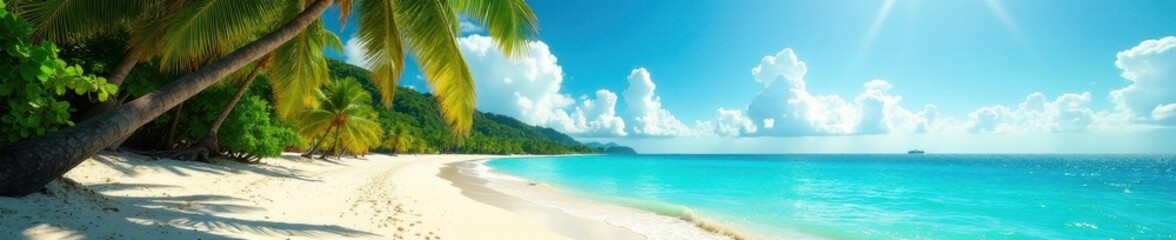 Obraz premium Sun-drenched beach, swaying palm trees, turquoise water, vibrant, getaway, sand