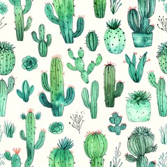A Watercolor Oasis: Diverse Cacti and Succulents in a Whimsical Desert Bloom