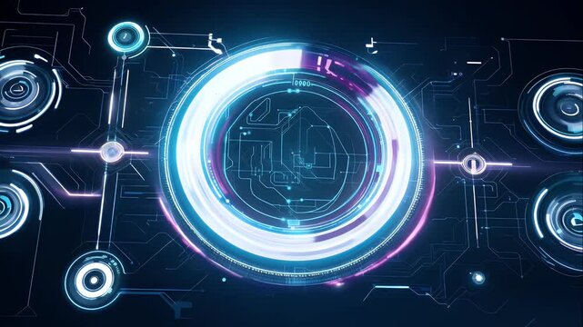 interface frame with holographic spinning rings and animated circuit pathways