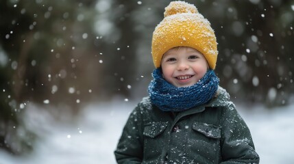 Young caucasian child smiling in snowy winter forest wearing yellow hat and blue scarf.