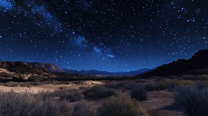 A vast, open desert with a brilliant starry night sky, the stars reflecting off the soft sand below.