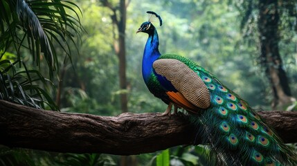 Obraz premium Majestic peacock perched on a branch in lush jungle.