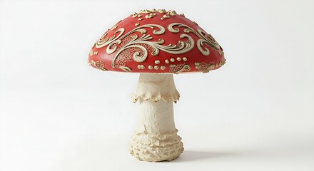 A fairy tale-inspired toadstool with intricate patterns on its cap, set against a white background