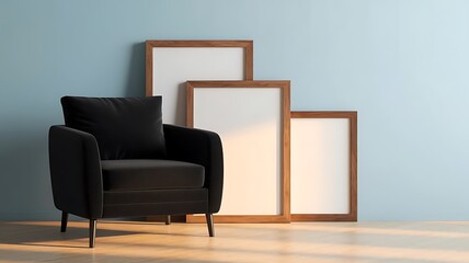 Stylish black armchair and blank wooden frames near blue wall