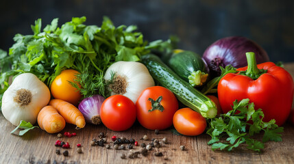 Fresh organic vegetables on rustic wooden table.