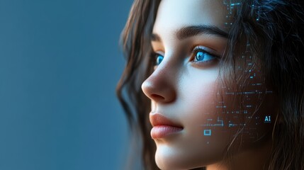 Young caucasian female with virtual interface display and digital overlay