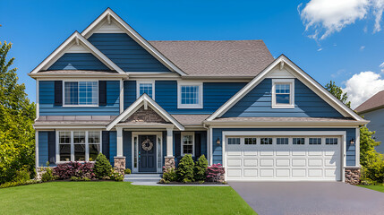 Blue Two Story House with White Garage and Green Lawn