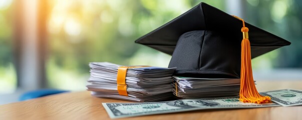 Graduation cap with stack of cash and documents symbolizing education costs