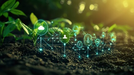 Futuristic smart agriculture with ai technology icons in lush green environment