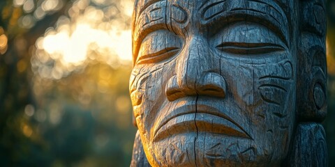 Wooden totem pole representing native american culture at sunset