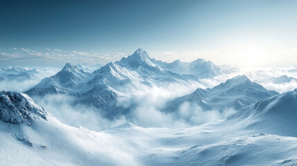 panoramic winter landscape of rolling snow covered mountains and clouds