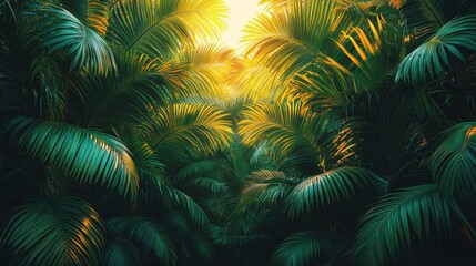 Lush green palm leaves illuminated by sunlight in a tropical forest